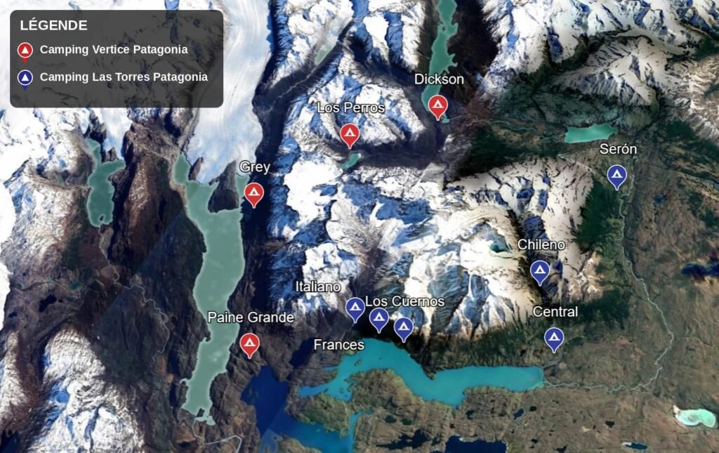 Carte des campings du trek O à Torres del Paine gérés par Vertice Patagonia et Las Torres Patagonia