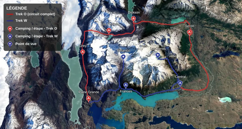 Carte du circuit O et W à Torres del Paine avec les campings Serón, Dickson, Los Perros, Grey, Paine Grande, Francés, Los Cuernos, Chileno et Central