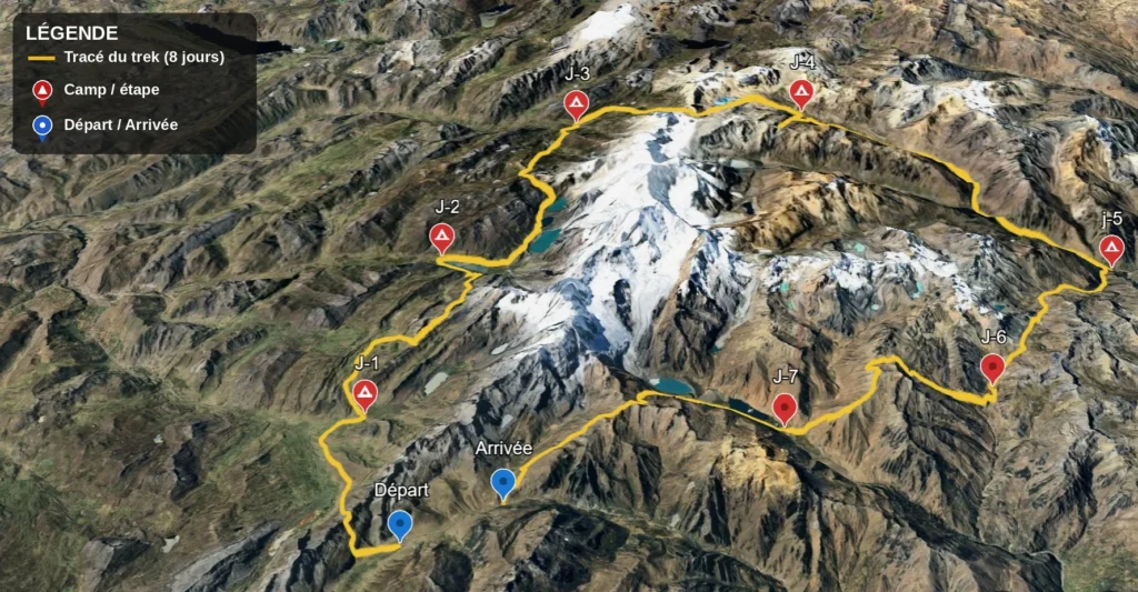 Carte de l'itinéraire du trek Huayhuash en 8 jours, avec les camps et le départ/arrivée