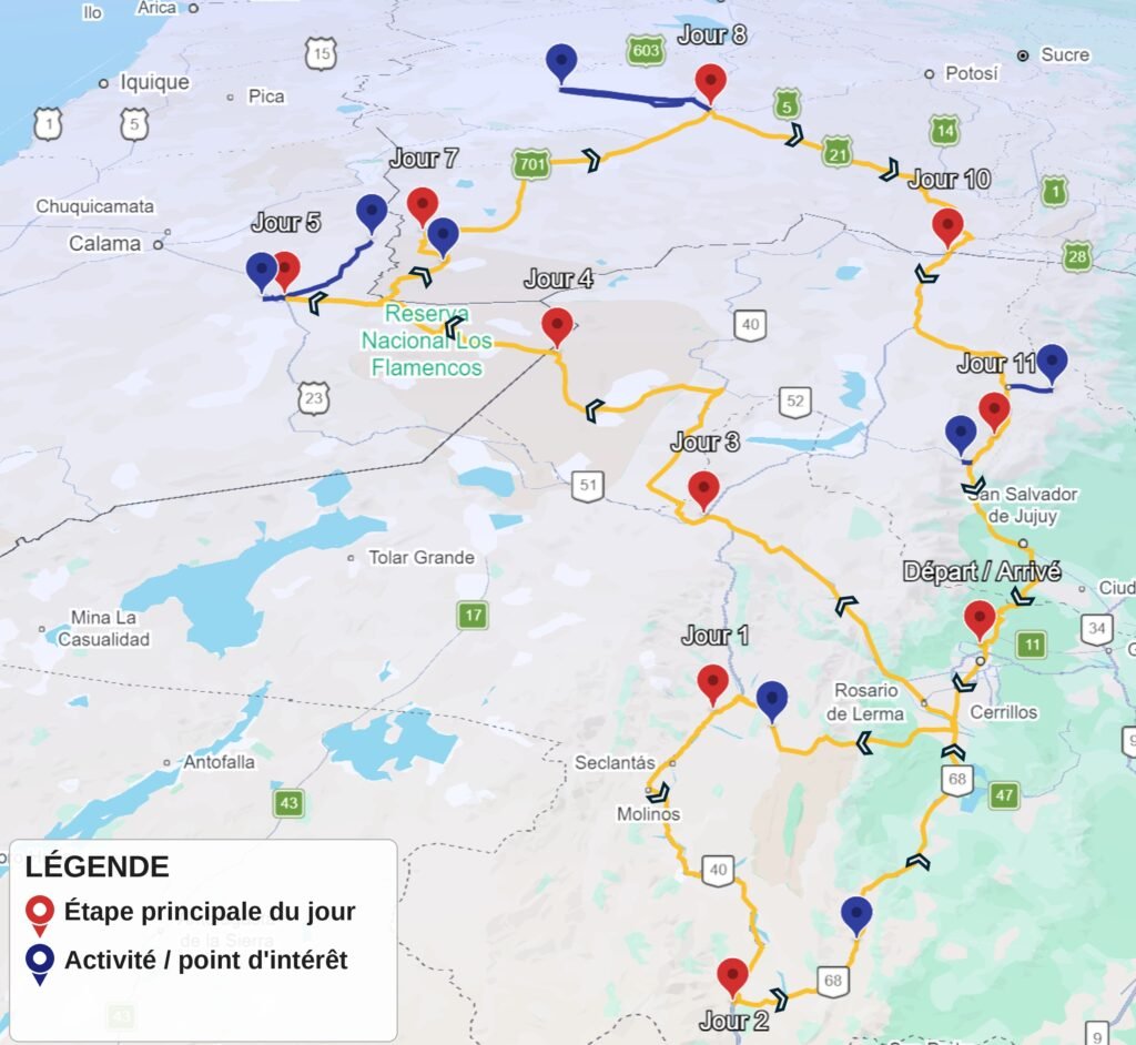 Carte en relief de l'itinéraire du road trip moto en 12 jours entre Salta, le désert d'Atacama et le Salar de Uyuni, avec les étapes principales et les activités